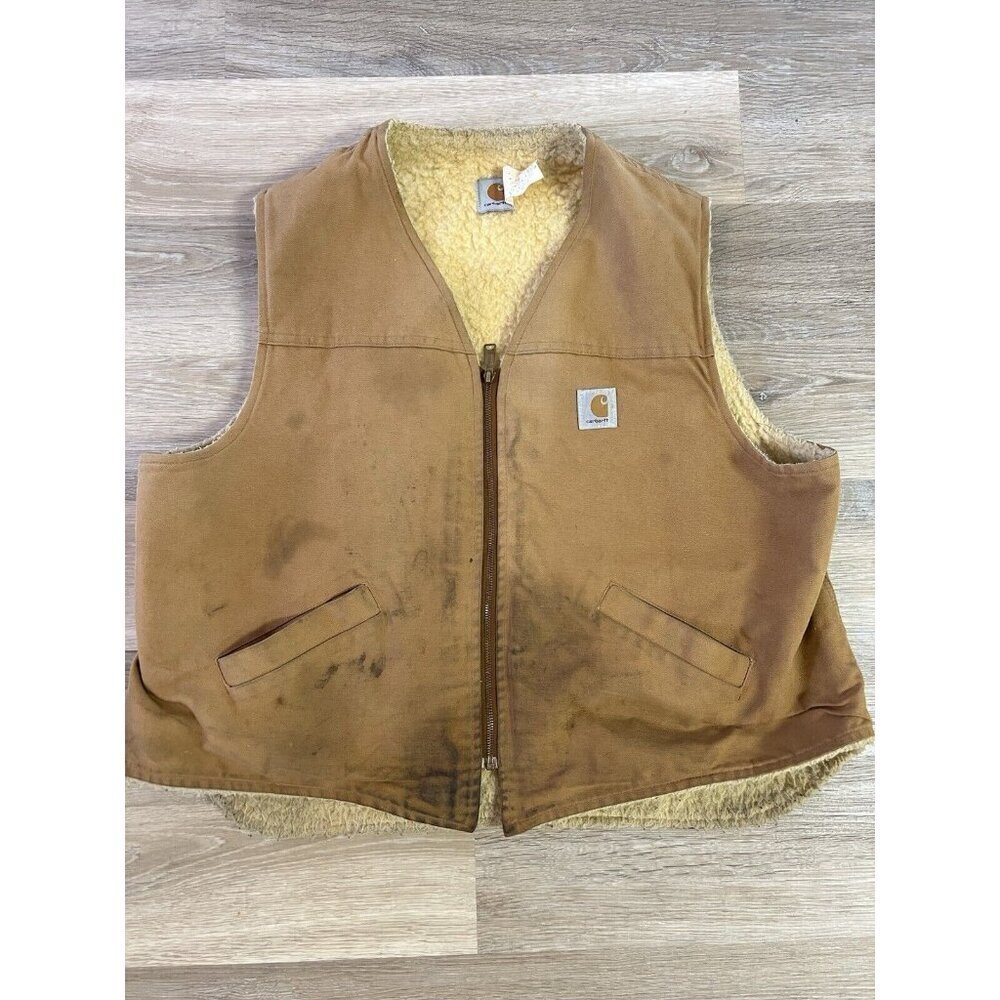 Vtg Carhartt Canvas Work Vest Jacket 3XL Tan Brown Sherpa Lined Thrashed Stains